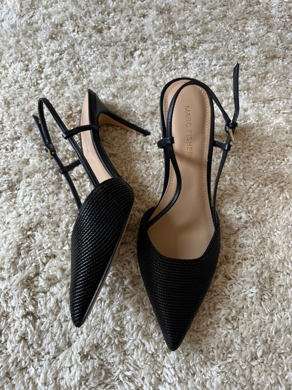 Marc Fisher Black Woven Pointed Toe Slingback Heels 7M Minimalist Quiet Luxury